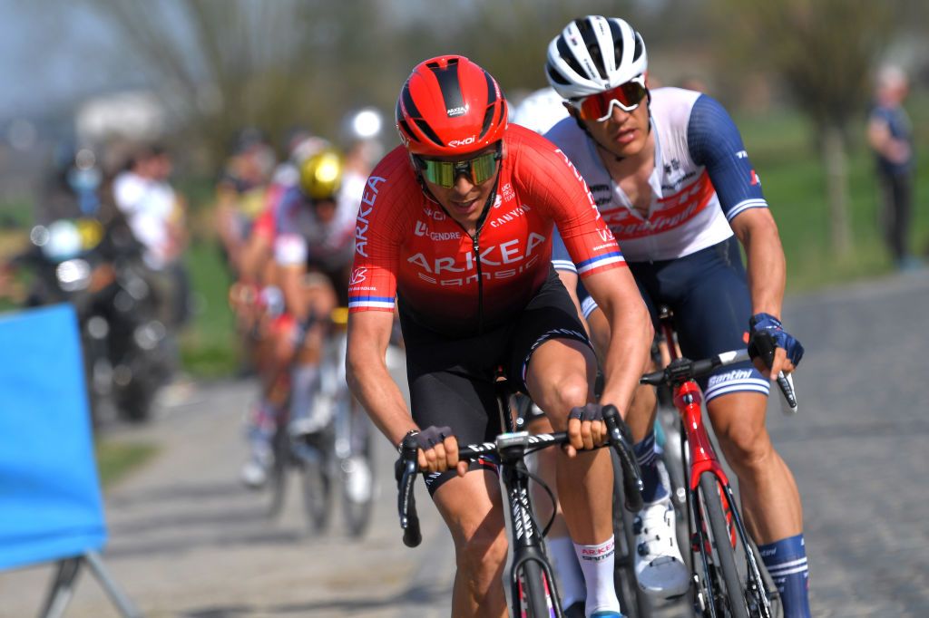 WAREGEM BELGIUM MARCH 31 Warren Barguil of France and Team Arka Samsic during the 75th Dwars Door Vlaanderen 2021 Mens Elite a 1841km race from Roeselare to Waregem DDV DDV21 FlandersClassic A travers la Flandre on March 31 2021 in Waregem Belgium Photo by Luc ClaessenGetty Images