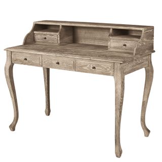 Sienna Writing Desk in a weathered oak with three small draws under the top surface and two smaller draws and shelves on top