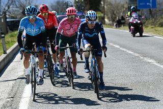 BELLANTE ITALY MARCH 10 LR Diego Rosa of Italy and EoloKometa Cycling Team and Einer Augusto Rubio Reyes of Colombia and Movistar Team compete in the breakaway during the 57th TirrenoAdriatico 2022 Stage 4 a 202km stage from Cascata delle Marmore to Bellante 345m TirrenoAdriatico WorldTour on March 10 2022 in Bellante Italy Photo by Tim de WaeleGetty Images