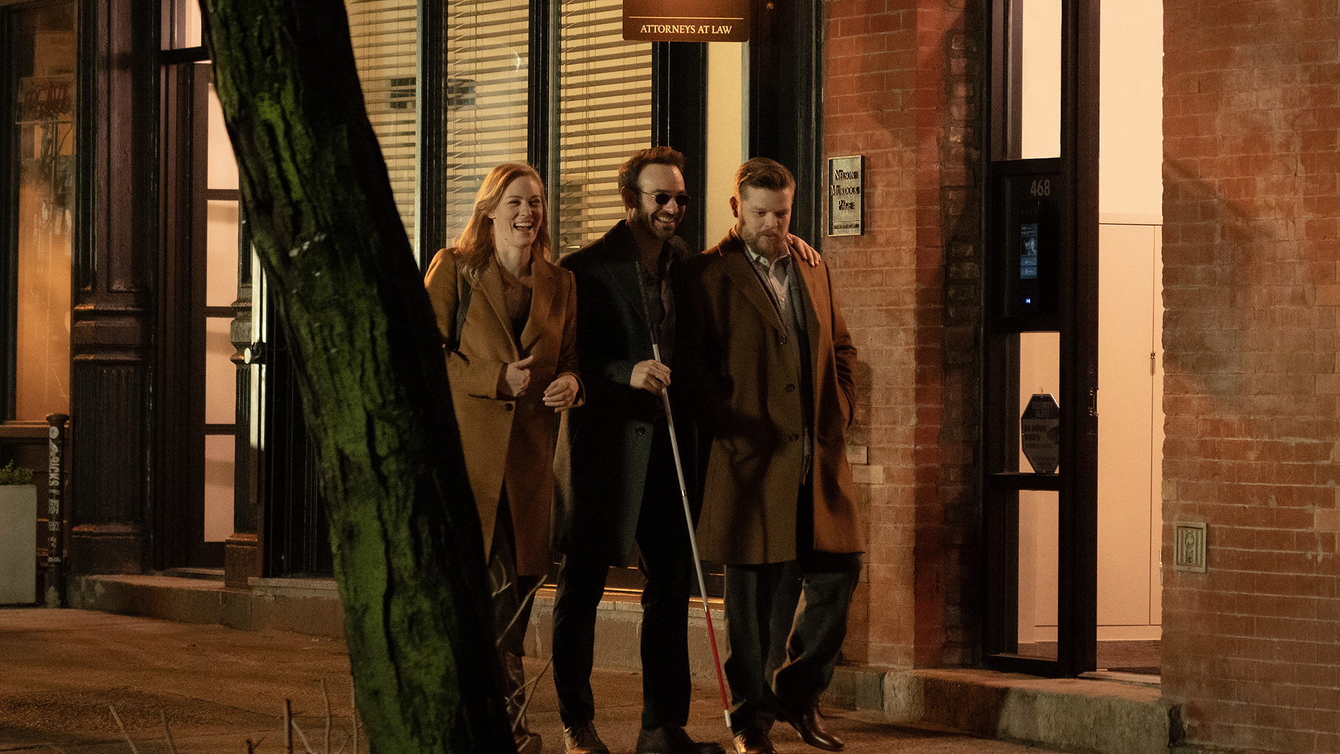 Karen, Matt, and Foggy walking down a street at night in Daredevil: Born Again