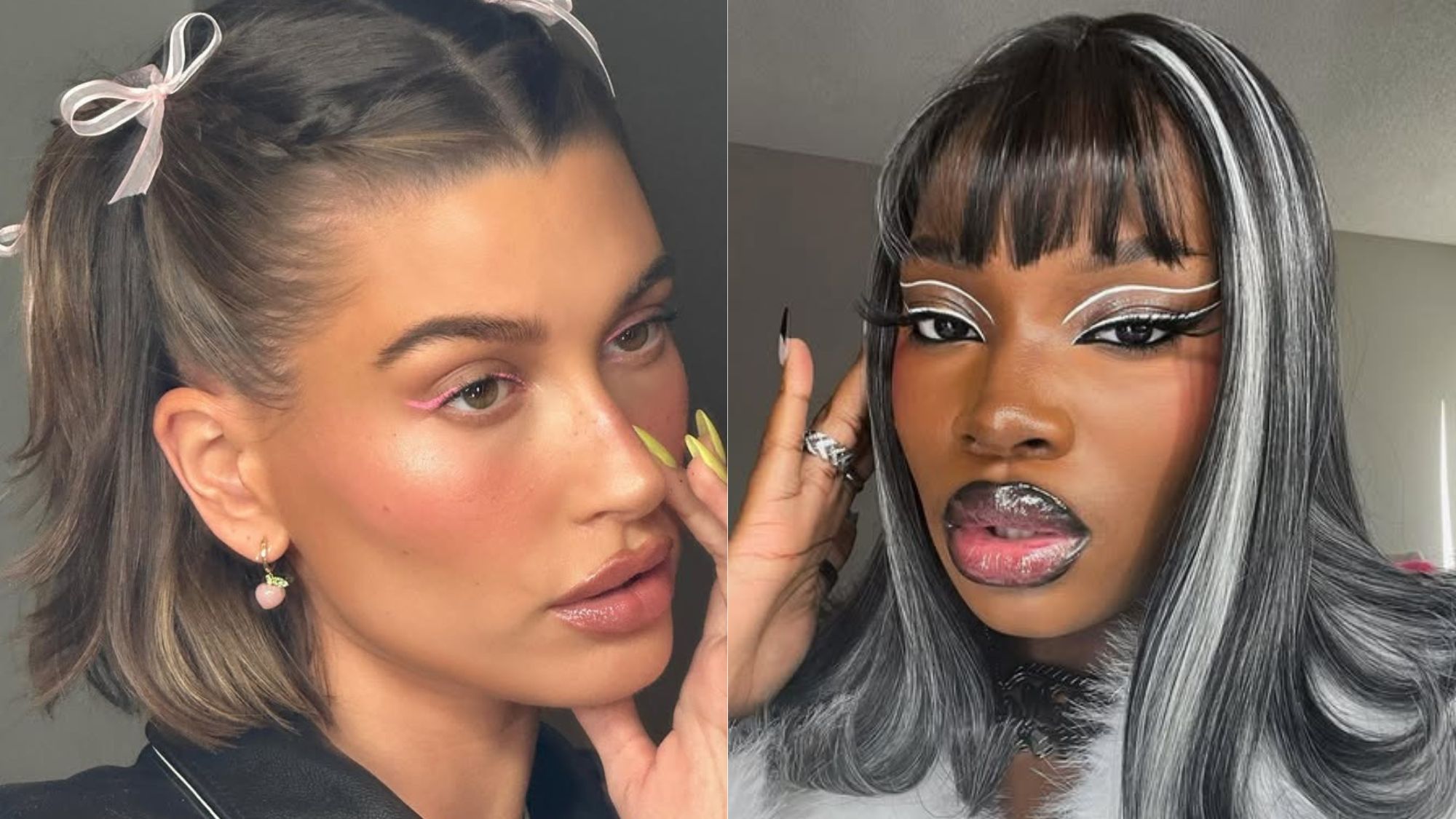 Hailey Bieber and Bella Ikpeme wearing bold, graphic eyeliner.