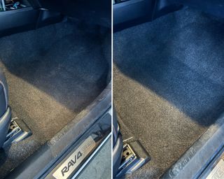 Before and after image of car footwell cleaned by the Bissell Little Green Upholstery carpet cleaner