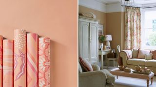 Pantone color of the year 2024 Peach Fuzz on the walls of a living room
