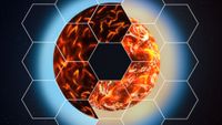 An illustration of a two scorching exoplanets in a splitscreen. Overlaid is a grid resembling the JWST's hexagonal mirror segments.
