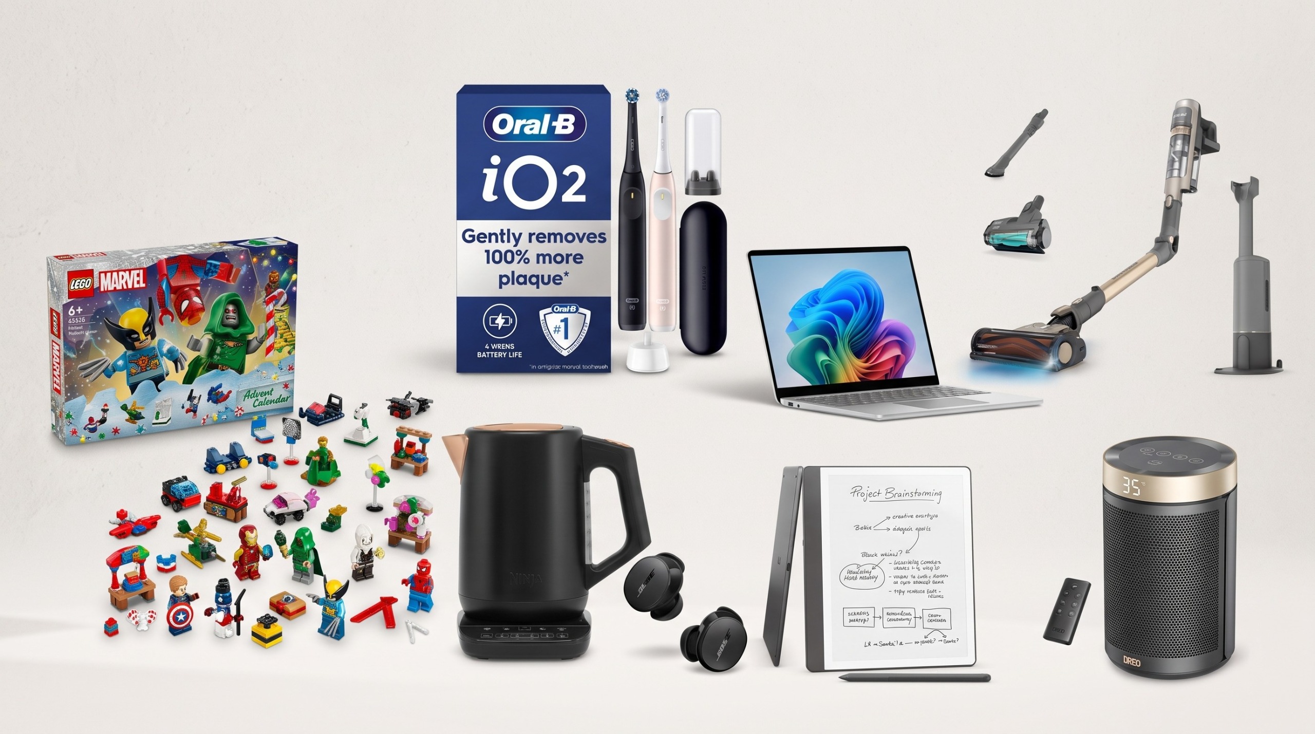 A collage of deals from the Amazon UK sale section, including Lego, Oral-B toothbrush, Ninja kettle, Bose earbuds, Microsoft Surface, Kindle, Dreo heater, and Shark vacuum.