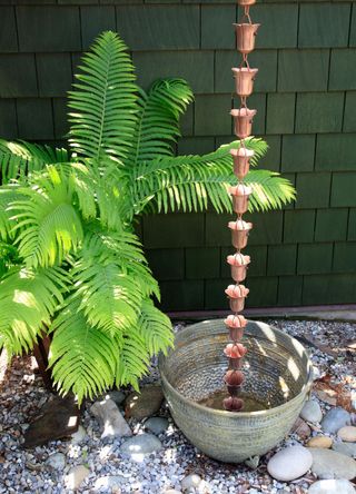 a copper rain chain into a bowl next to a palm plant