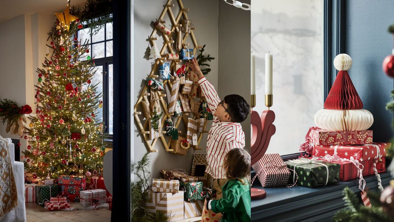 A triptych: a Christmas tree with warm white lights and red decorations; a boy and girl decorating the VINTERFINT Wall Decoration; and a paper Santa hat decoration on a blue windowsill.