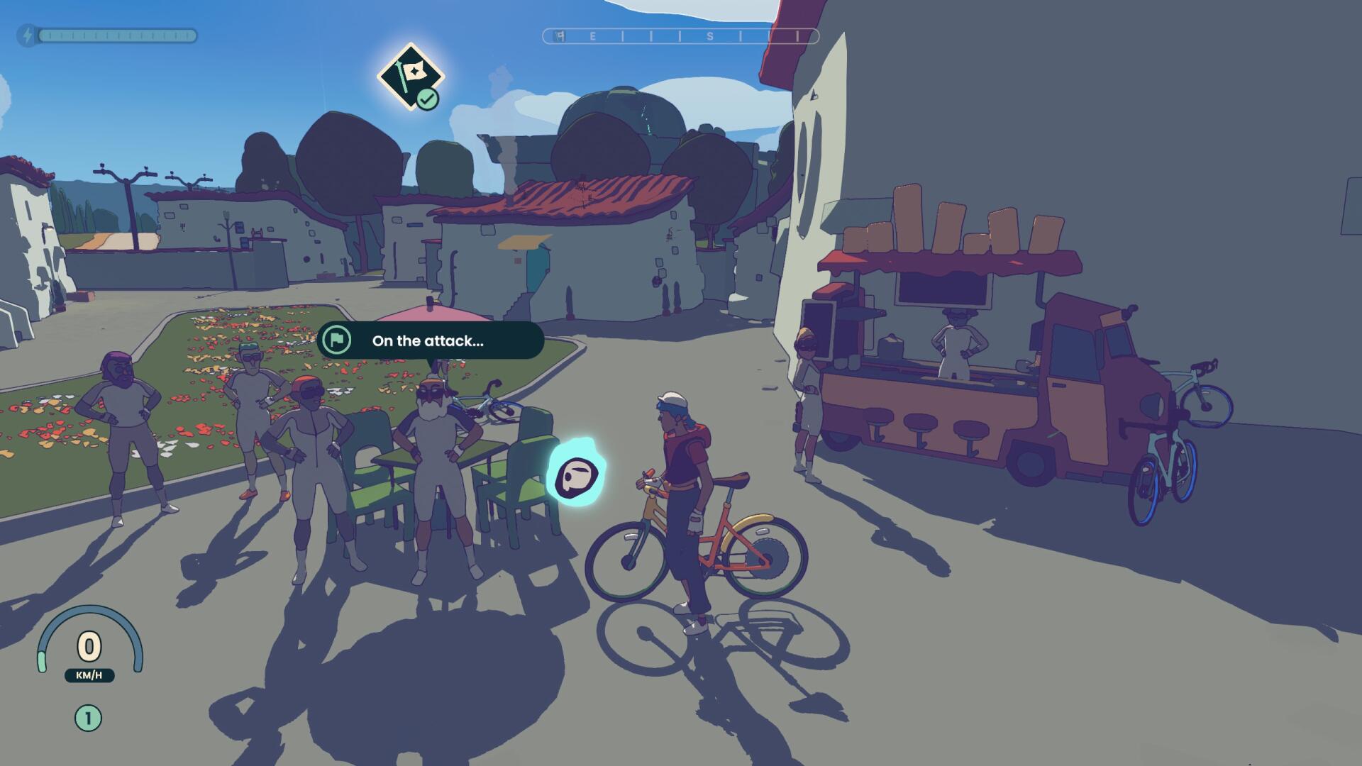Talking to rival cyclists in Wheel World who are discussing being "on the attack"