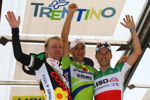 Vladislav Borisov (Amore &amp; Vita), Vincenzo Nibali (Liquigas-Doimo) and Giovanni Visconti (ISD-Neri) atop the podium at the Trofeo Melinda