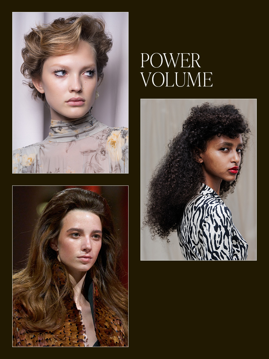 Collage of power volume NYFW beauty trend.