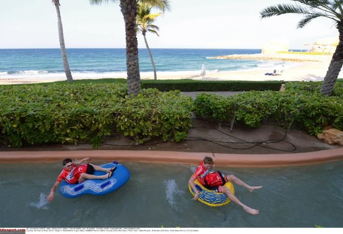 Lotto Belisol's Jurgen Roelandts and Marcel Sieberg take advantage of their hotel amenities at the Tour of Oman