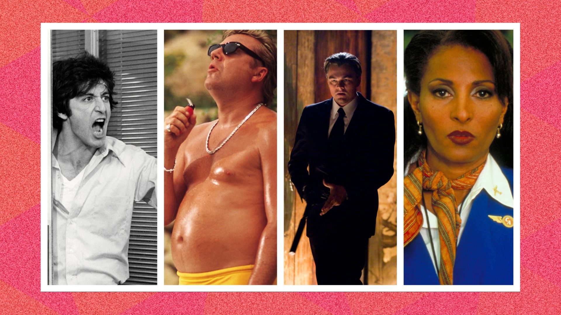 Four images sliced together showing scenes from heist films. From left to right: Dog Day Afternoon, Sexy Beast, Inception and Jackie Brown