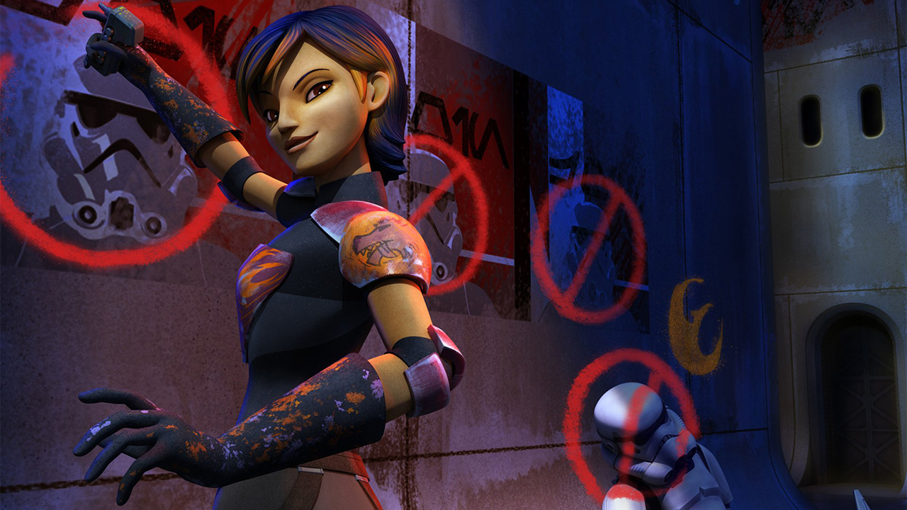 Still from the Star Wars T.V. Show Star Wars Rebels. Here we see Sabine Wren (short, pixie dark hairstyle) smirking as she spray paints red circles with lines through on a wall. There is even a downed Stormtrooper on the floor who got tagged.