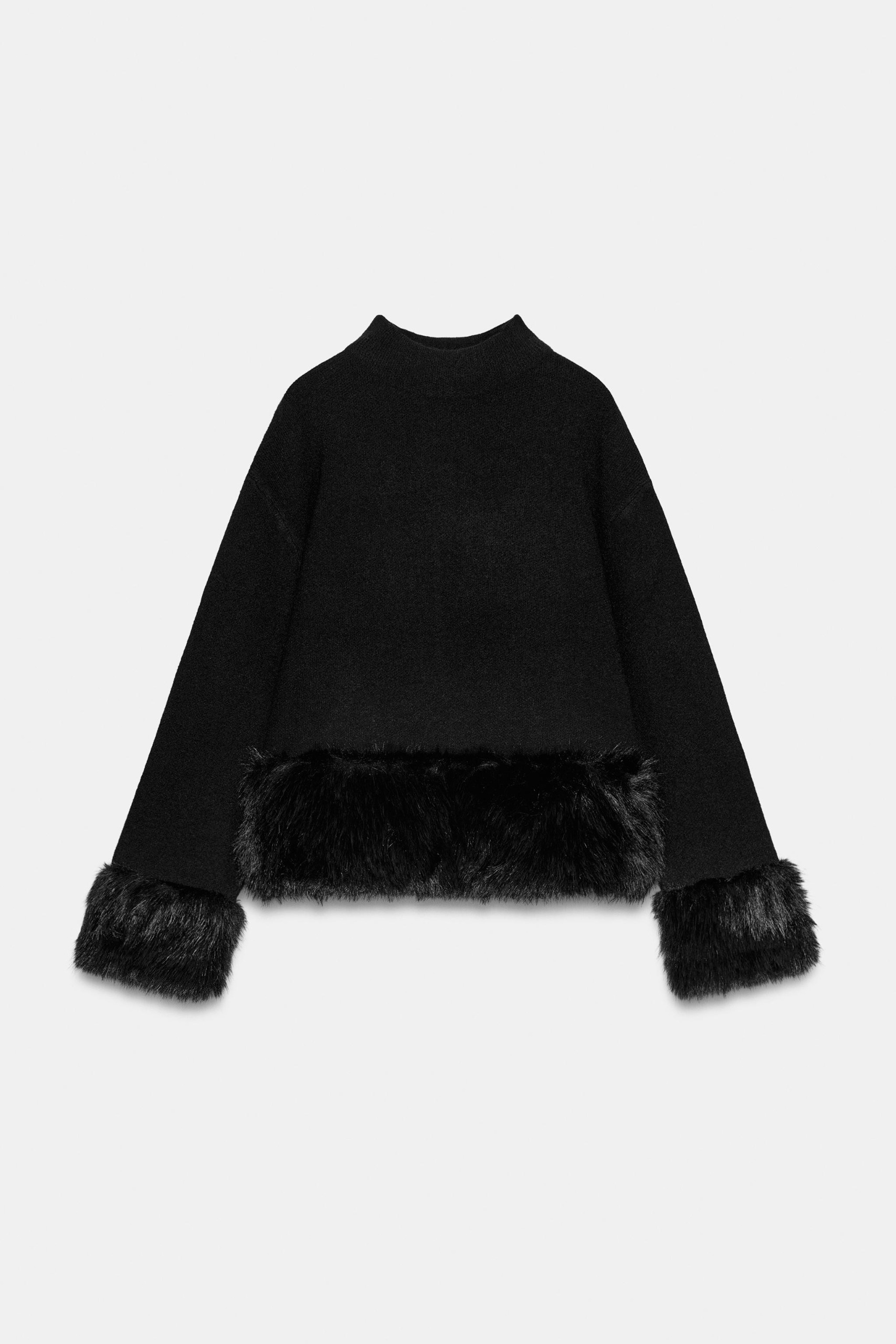 Faux Fur Effect Combined Sweater - Black - S