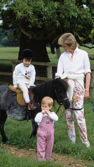 British Royal Prince William riding Smokey the pony as his mother, Diana, Princess of Wales (1961-1997), wearing a white shirt and floral pattern trousers, and his brother Prince Harry look on, on the Highgrove Estate in Doughton, Gloucestershire, England, 18th July 1986
