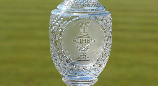 A close up of the Solheim Cup crystal trophy