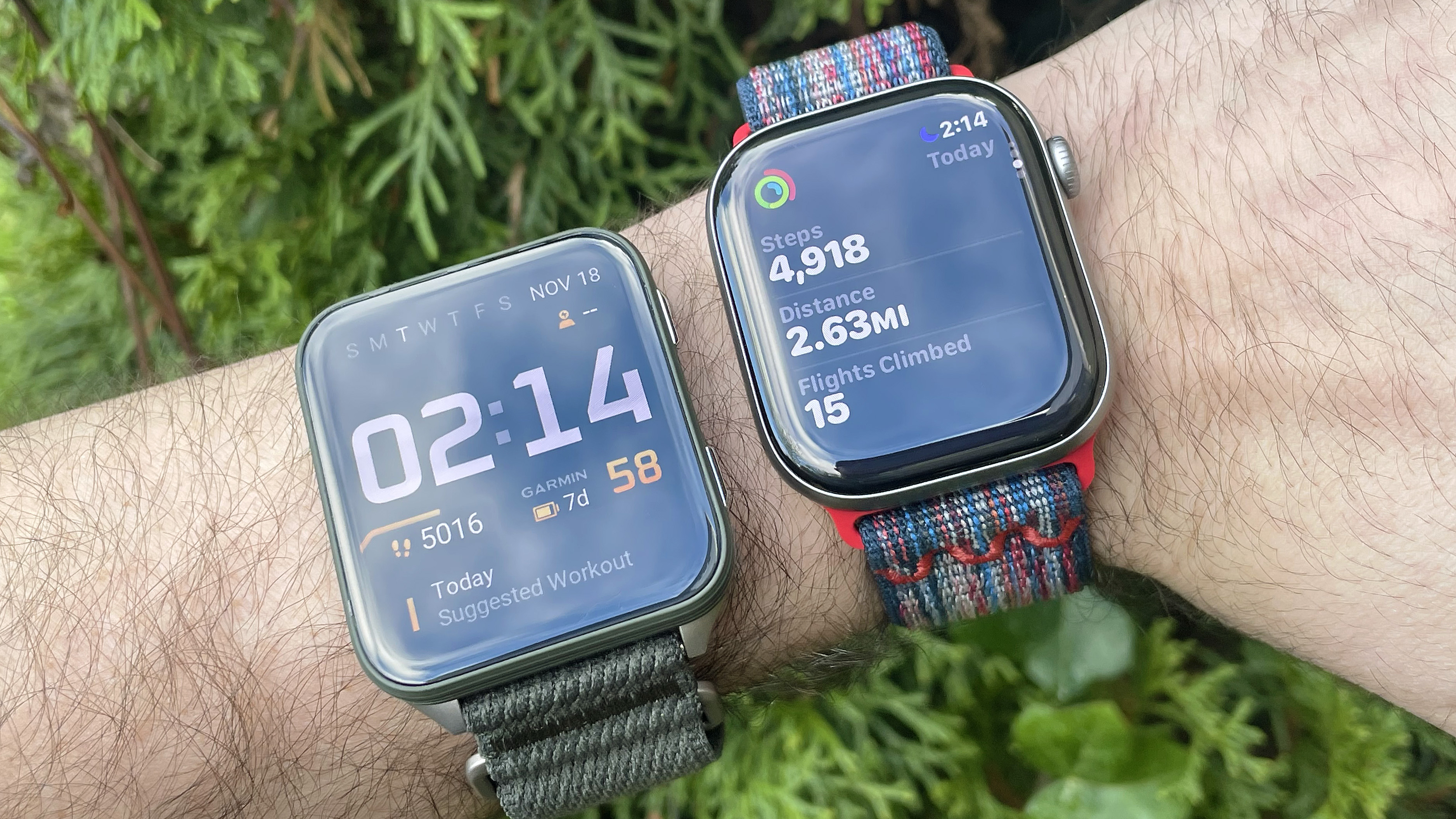 Apple Watch Series 11 and Garmin Venu X1 close-up on the writer's wrist