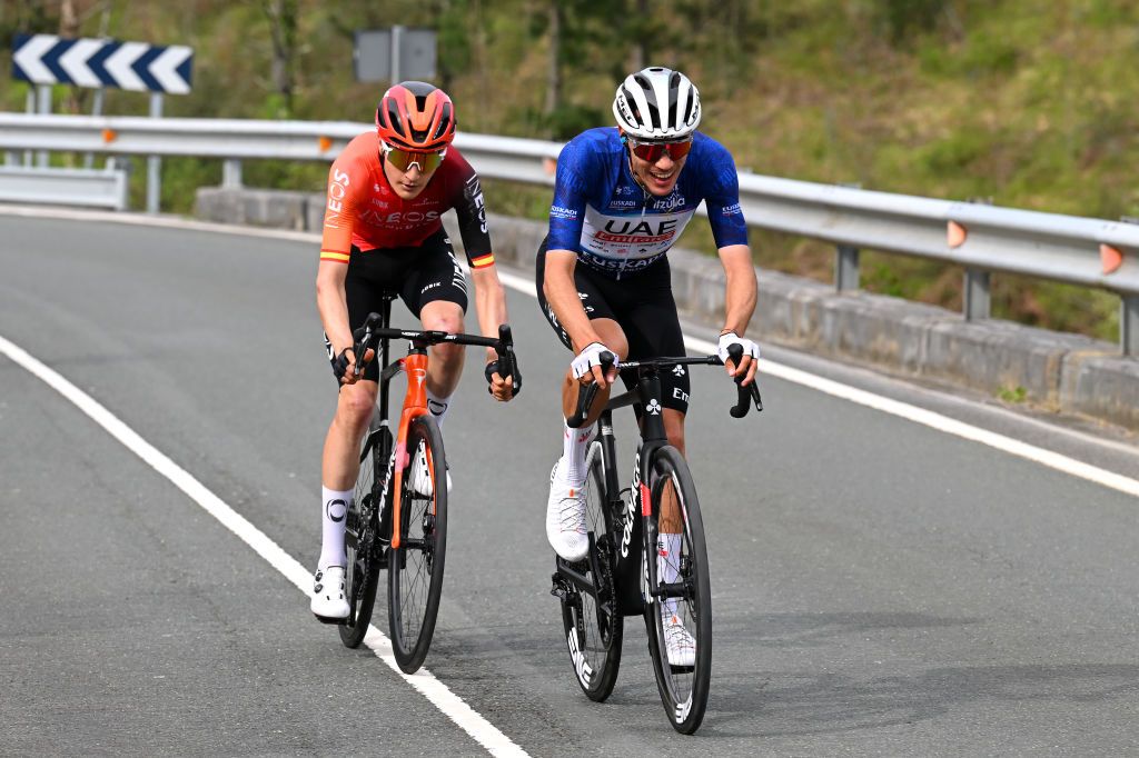 EIBAR SPAIN APRIL 06 LR Carlos Rodriguez of Spain and Team INEOS Grenadiers and Juan Ayuso of Spain and UAE Team Emirates Blue Best Young Rider Jersey compete in the breakaway during the 63rd Itzulia Basque Country 2024 Stage 6 a 1378km stage from Eibar to Eibar UCIWT on April 06 2024 in Eibar Spain Photo by Tim de WaeleGetty Images