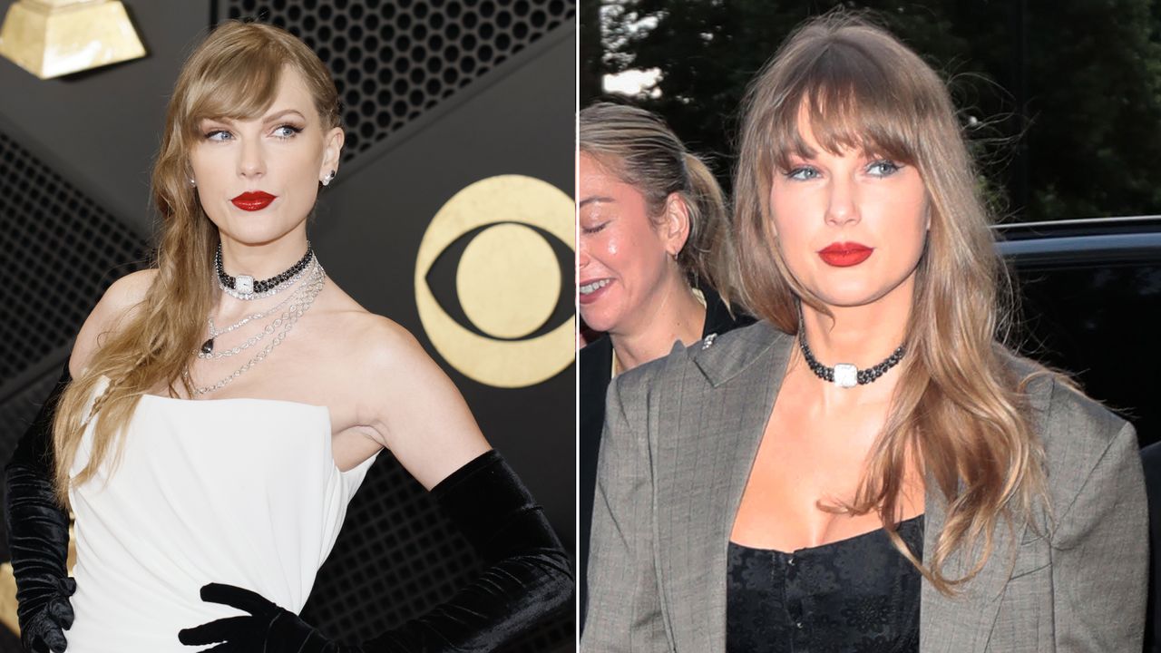 a collage of taylor swift wearing her watch choker on two occasions, first at the 2024 grammys with a strapless dress and then in London in June 2024 with a Stella McCartney blazer and black bustier top