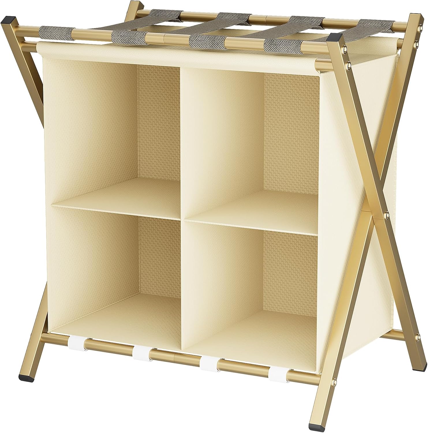 Garden 4 You Luggage Rack,suitcase Stand,foldable Suitcase Stand With 4-Cube Fabric Storage Shelf,folding Luggage Tier Suit Case Holder Travel Chest Storage for Guest Room, Bedroom, Hotel,gold,1pc