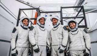 The four astronauts of SpaceX's Crew-4 mission for NASA are (from left): NASA astronauts Jessica Watkins, mission specialist; Robert Hines, pilot; Kjell Lindgren, commander; and European Space Agency astronaut Samantha Cristoforetti, mission specialist.