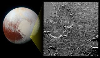 The image on the right shows a close-up of intricate pits across Pluto's heart-shaped Tombaugh Regio. It was taken by New Horizons' Long Range Reconnaissance Imager (LORRI) as the craft passed just 9,550 miles (15,400 kilometers) from the dwarf planet's surface in July.