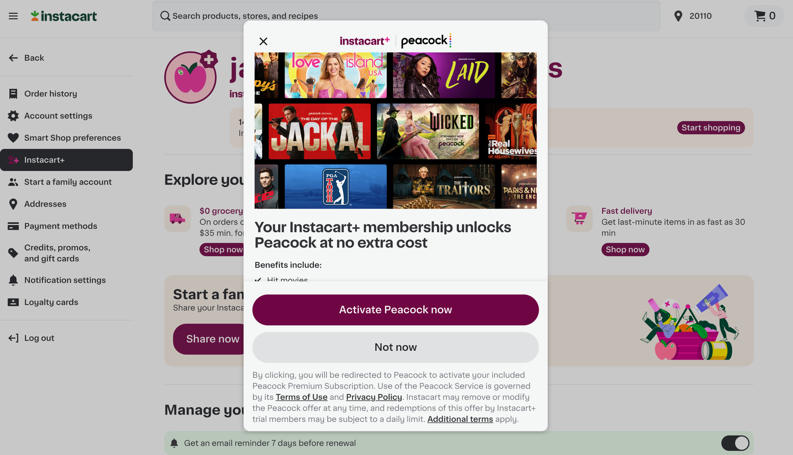 A screenshot of the Peacock free trial activation page on Instacart
