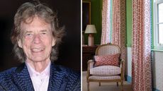a split screen image with mick jagger on the left and a room with red curtains similar to his at home recording studio on the right