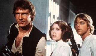 Star Wars Han, Leia, and Luke walking through the Death Star