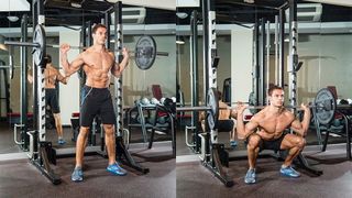 A man performing a back squat as part of a workout plan for muscle gain