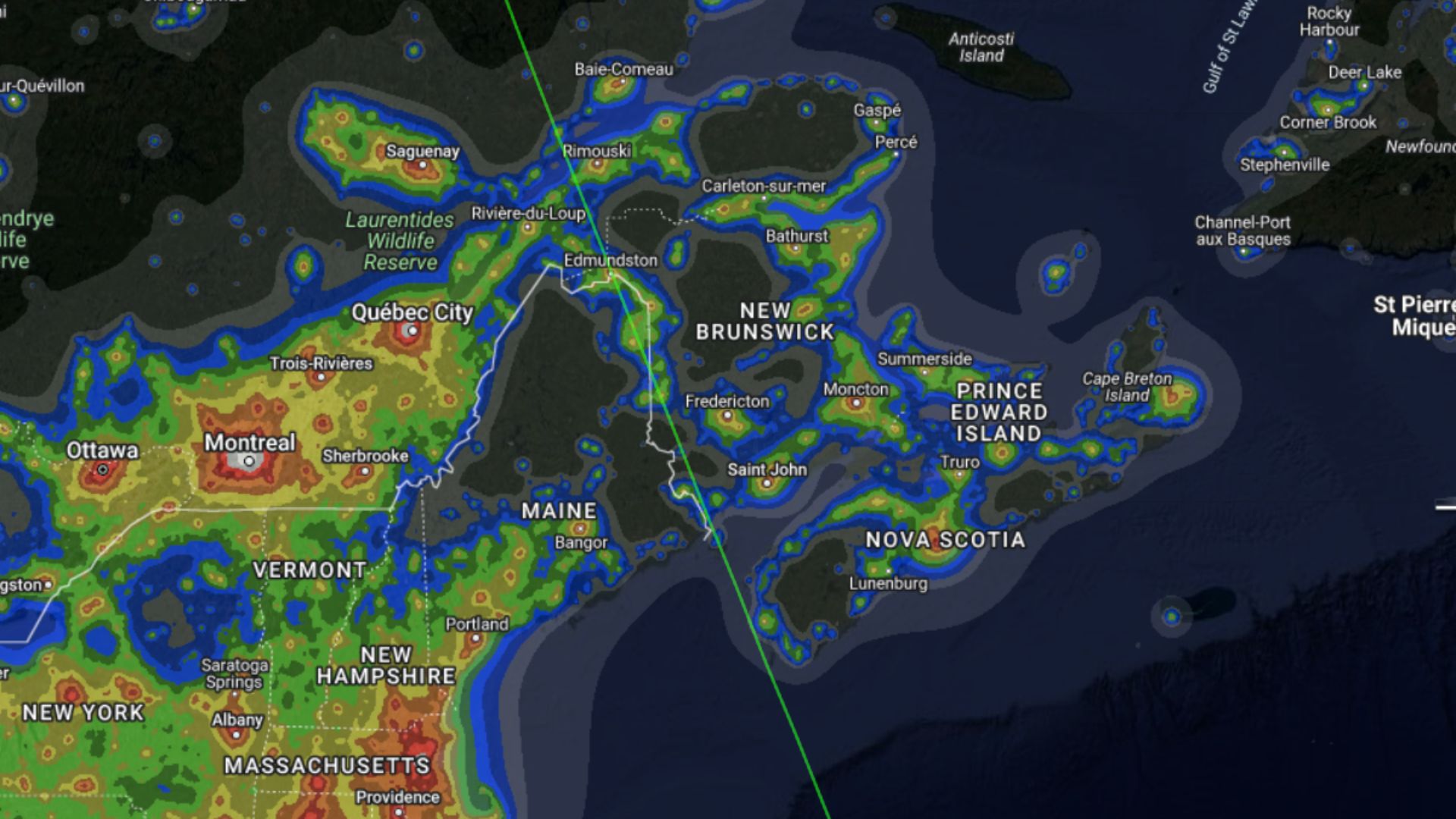 map showing the brightness levels of the night sky around new brunswick. The levels are very low, indicating good dark skies for observing the night sky.