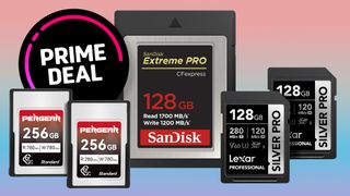 SanDisk, Pergear, and Lexar memory cards on a blue to pink gradient with a 'Prime Deal' roundel 