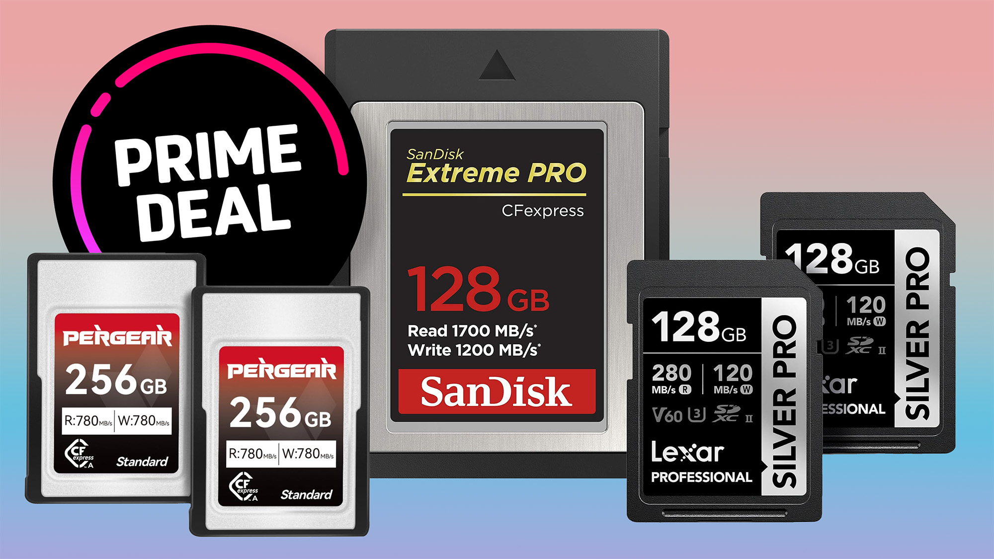 SanDisk, Pergear, and Lexar memory cards on a blue to pink gradient with a &#039;Prime Deal&#039; roundel 
