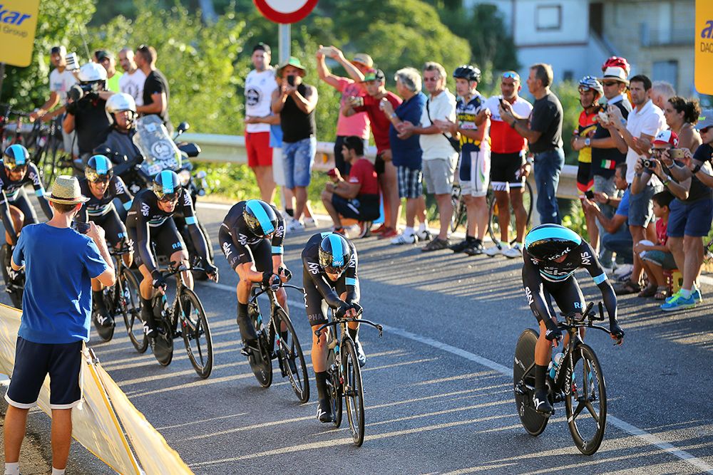 Team Sky on the way to winning the Vuelta's opening stage.