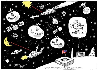 Political cartoon U.S. Space Force Trump spending money economy military Carl Sagan