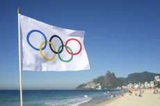 olympics, rio, brazil, flag, beach, olympic rings