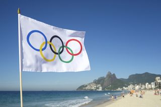 olympics, rio, brazil, flag, beach, olympic rings
