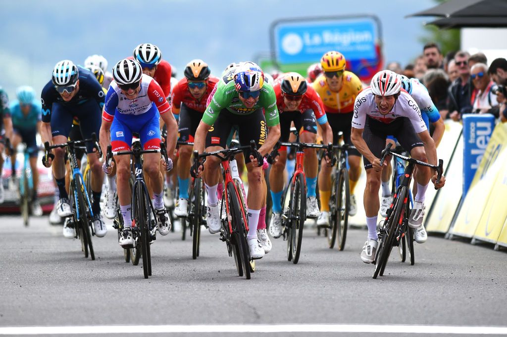 CHASTREIXSANCY FRANCE JUNE 07 LR Matteo Jorgenson of United States and Movistar Team David Gaudu of France and Team Groupama FDJ Ruben Guerreiro of Portugal and Team EF Education Easypost Wout Van Aert of Belgium and Team Jumbo Visma Green Points Jersey Dylan Teuns of Belgium and Team Bahrain Victorious and Victor Lafay of France and Team Cofidis sprint at finish line during the 74th Criterium du Dauphine 2022 Stage 3 a 169km stage from SaintPaulien to ChastreixSancy 1391m WorldTour Dauphin on June 07 2022 in ChastreixSancy France Photo by Dario BelingheriGetty Images