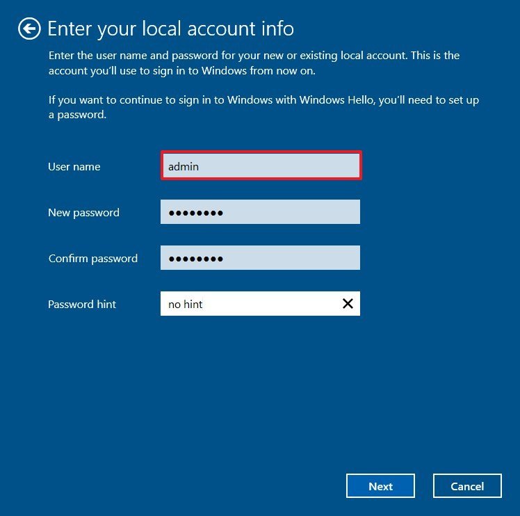 Default account windows. Учетная запись. Подсказка для пароля. Создание учетной записи. Введите имя пользователя.