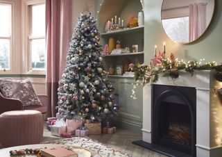 A christmas tree inside a small living room