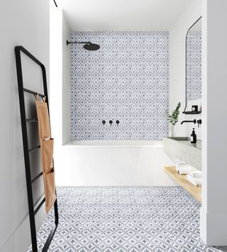 bathroom with patterned tiles