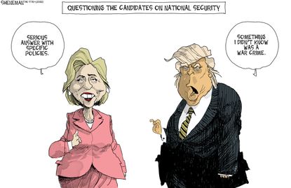Political cartoon U.S. 2016 election Hillary Clinton Donald Trump debates