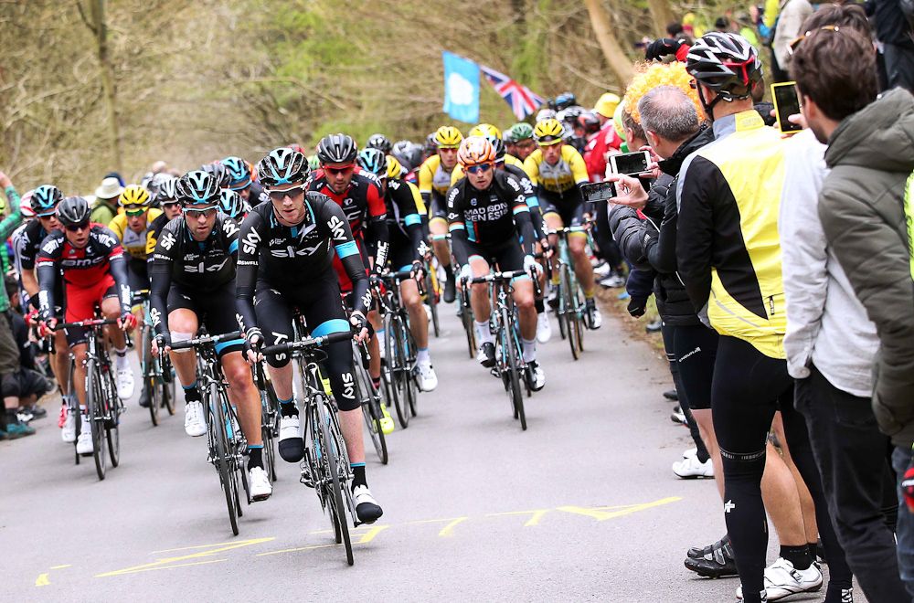 Ian Boswell (Team Sky) drives the pace during stage 1 in Yorkshire.