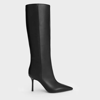 Pointed-Toe Stiletto-Heel Knee-High Boots - Black