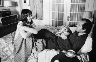 Shelley Duvall and Jack Nicholson rehearse for a breakfast-in-bed scene, photographed by Kubrick