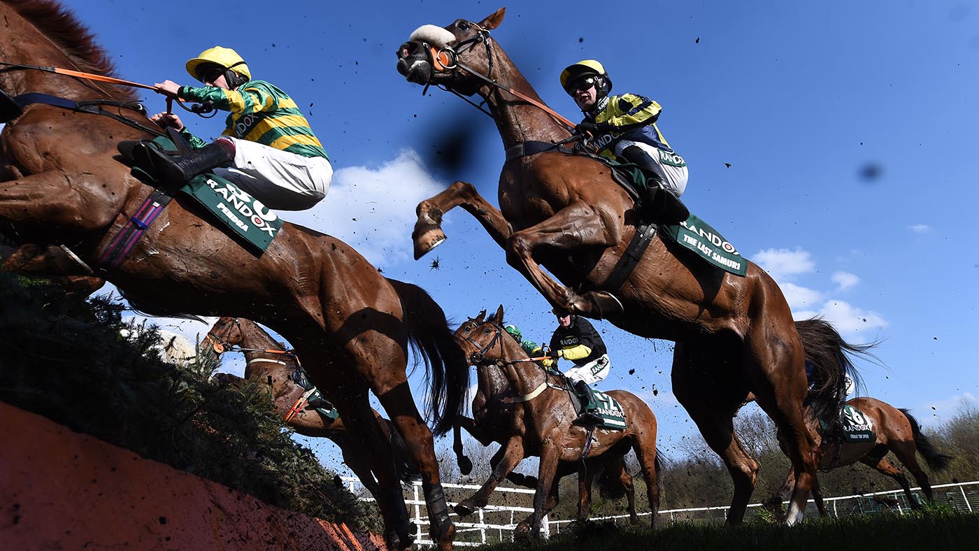 David ring The Last Samurai in the Grand National in 2018 LIVERPOOL, ENGLAND - APRIL 14: The Last Samuri ridden by David Bass jumps the Canal Turn during the 2018 Randox Health Grand National at Aintree Racecourse on April 14, 2018 in Liverpool, England. (Photo by Laurence Griffiths/Getty Images)