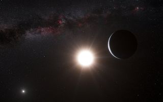 An artist's rendition of an exoplanet orbiting in the habitable zone of Alpha Centauri A and B.