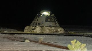 Boeing's Crew Flight Test Starliner spacecraft sits at its desert landing spot at White Sands Space Harbor, New Mexico after a successful landing on Sept. 7, 2024.