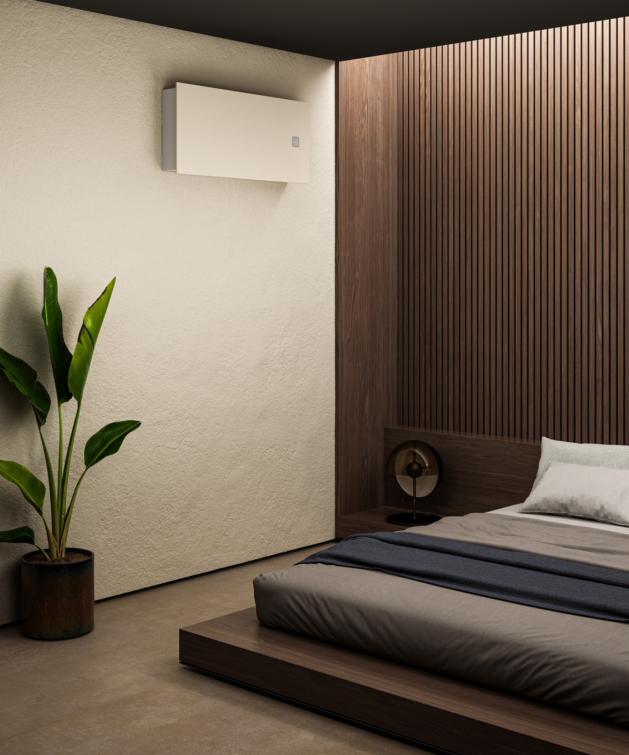 modern electric radiator mounted at high level in bedroom