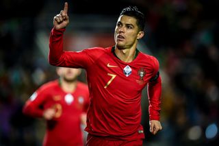Cristiano Ronaldo celebrates after scoring for Portugal against Lithuania in November 2019.